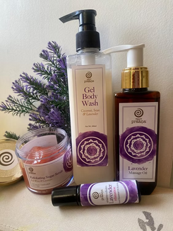 Lavender Gel Body Wash, Body Massage Oil, Exfoliating Sugar Scrub with Roll-on