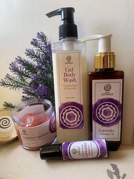 Lavender Gel Body Wash, Body Massage Oil, Exfoliating Sugar Scrub with Roll-on